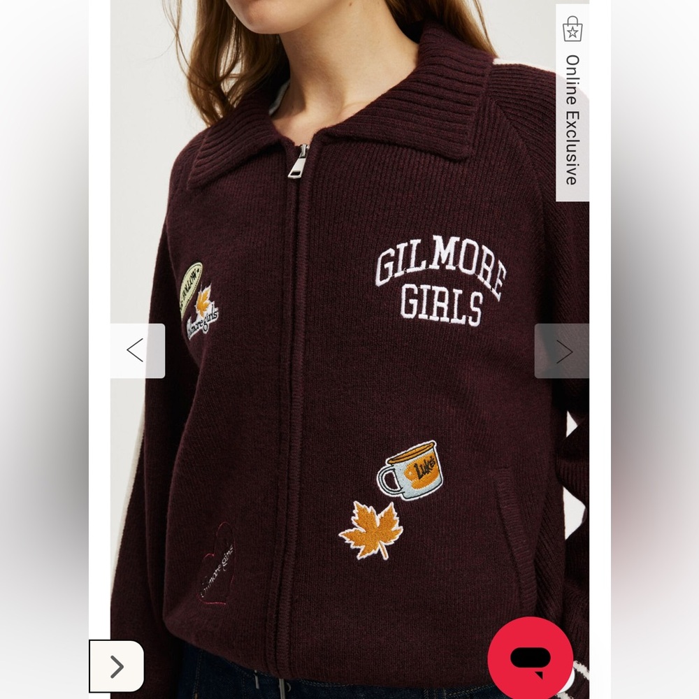 Cotton On Gilmore Girl Burgundy Bomber Sweater Jacket with Patches